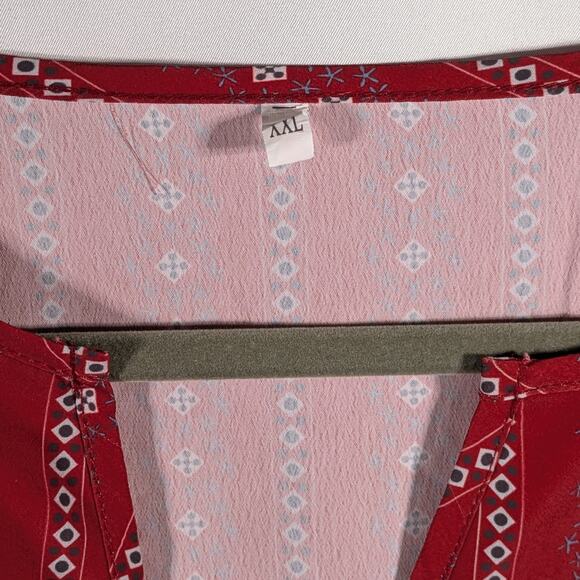 Boho Red Peasant Blouse XXL Tribal Print White Lace V-Neck Long Sleeve Top - Picture 4 of 12